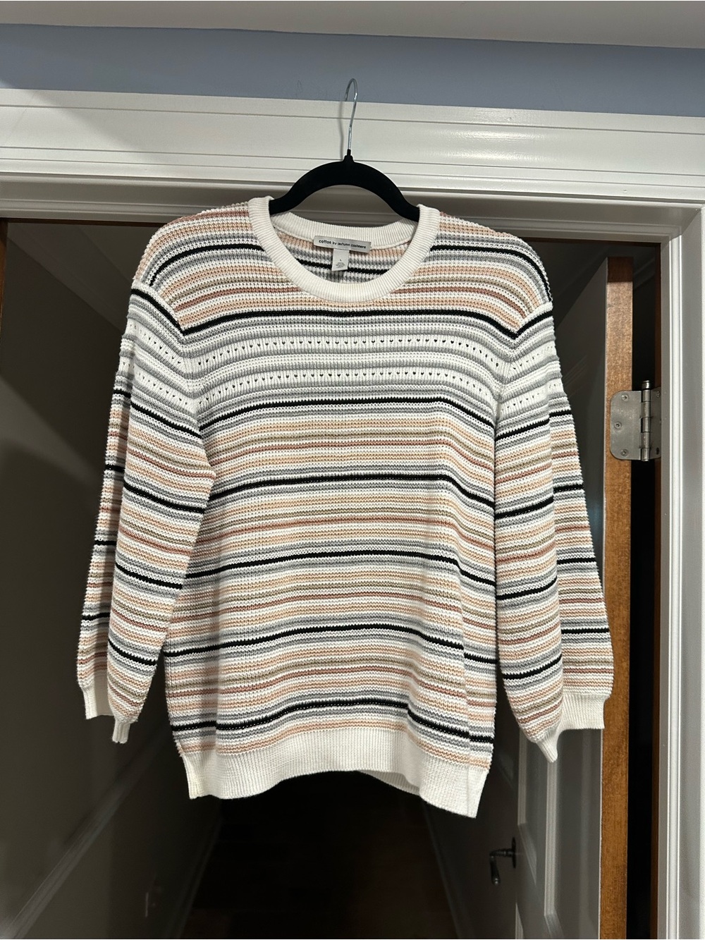 Autumn Cashmere Striped Crewneck Sweater in Cream, Black & Beige